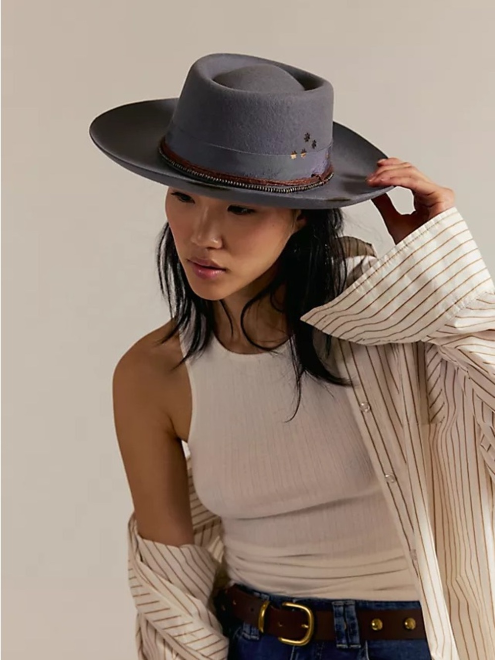 Free People Cosmic Roundtop Wide-Brim Fedora with Trim Cochella Western Festival